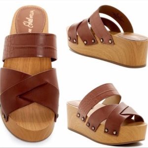 Sam Edelman Bane Strap Sandals Womens Size 8 Wedge Slide On Wooden Leather Brown